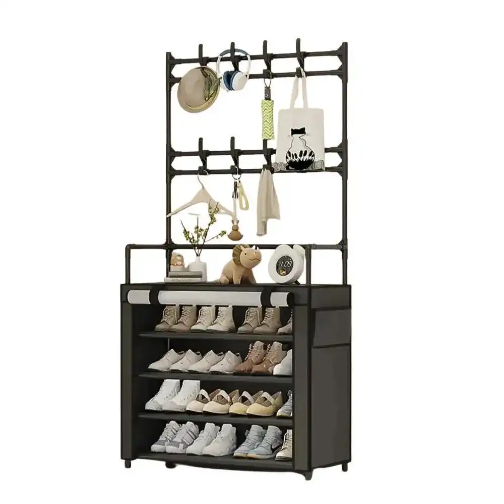 moderno-zapatero-perchero-con-protector-en-tela-4-niveles-negro Zapatero Perchero De Tela 4 Niveles - Imagen 1